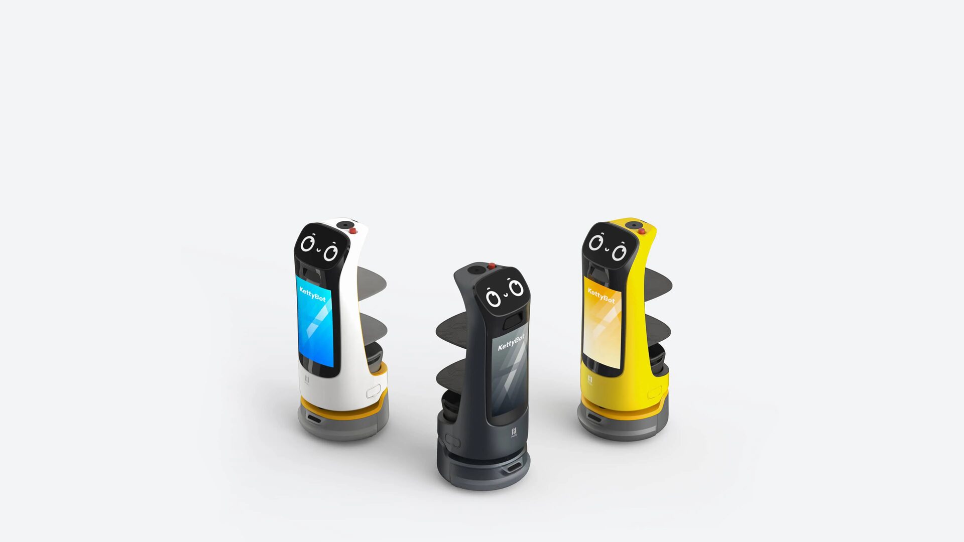 Robot de service PUDU KettyBot Pro, vue de trois quarts avant, écran publicitaire visible.