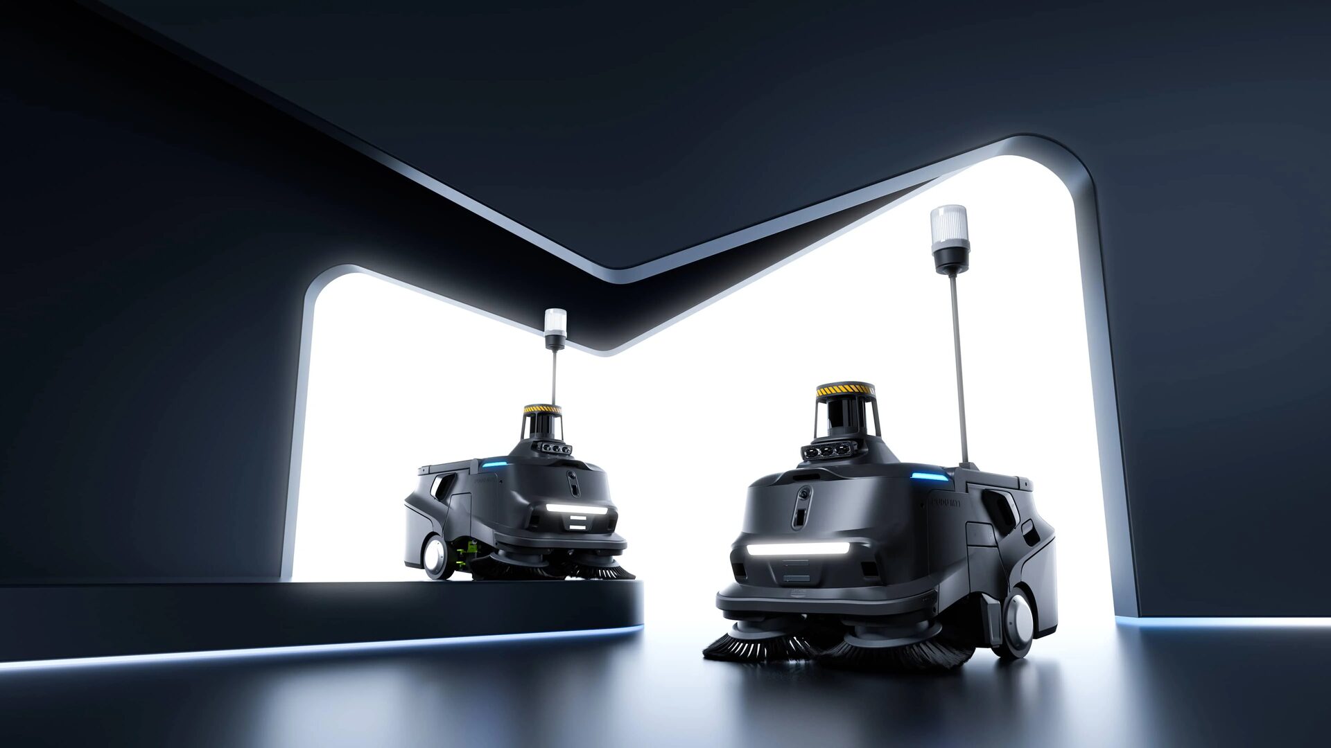 Balayeuse autonome PUDU MT1 Max, vue de trois quarts avant.