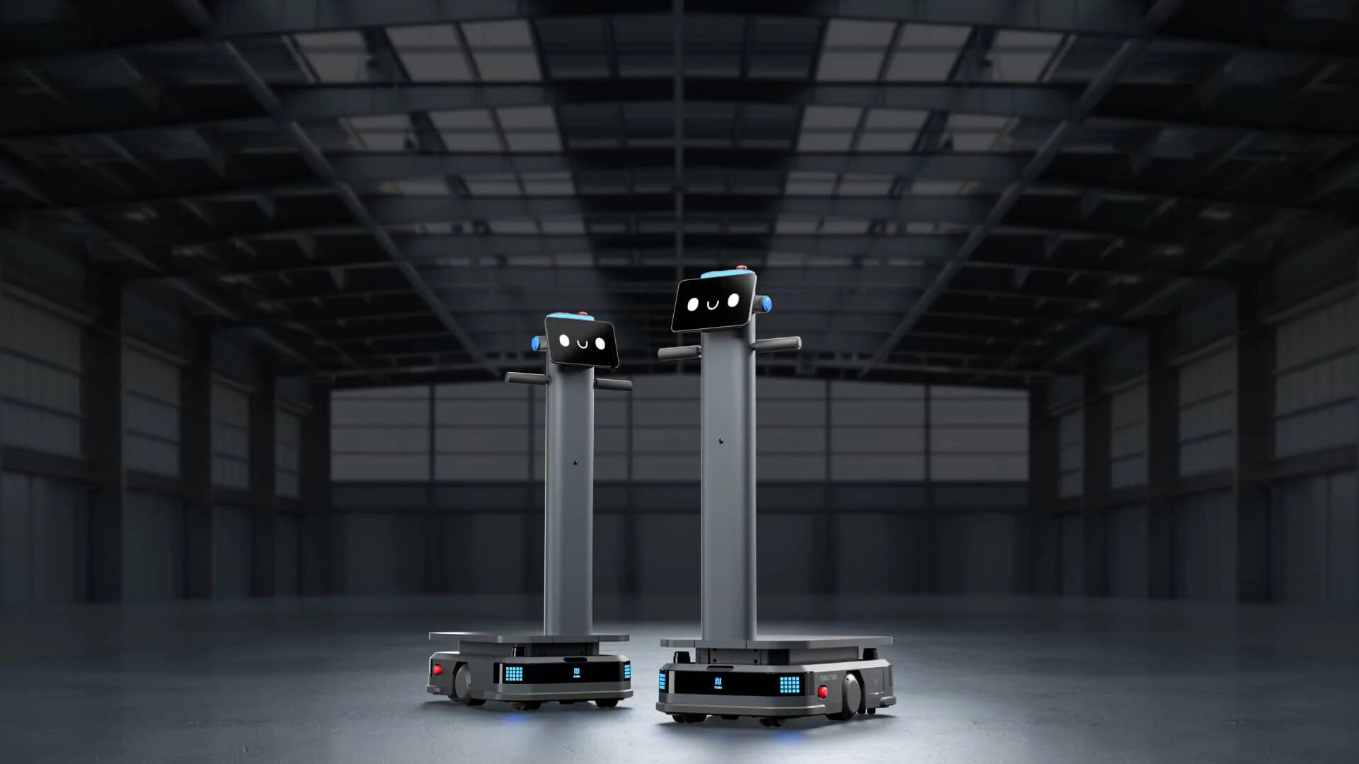 Robot de portage PUDU T300, vue de trois quarts avant, plateau de charge visible.