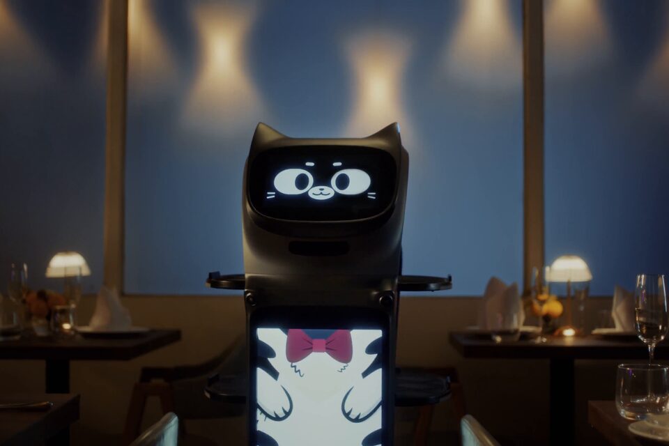 Robot de service PUDU BellaBot Pro à visage animé, plateau chargé, entre les tables dressées d’une salle de restaurant en service.